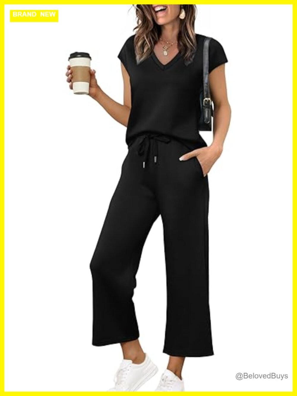 Two Piece Set V Neck Cap Sleeve Top Wide Leg Pants Travel Outfit
